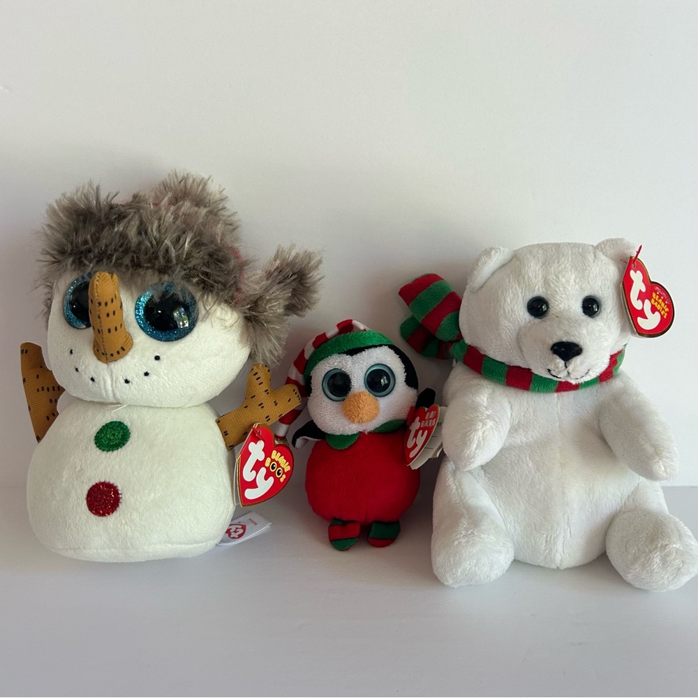 TY Plush Snowman, Penguin, and Bear Set